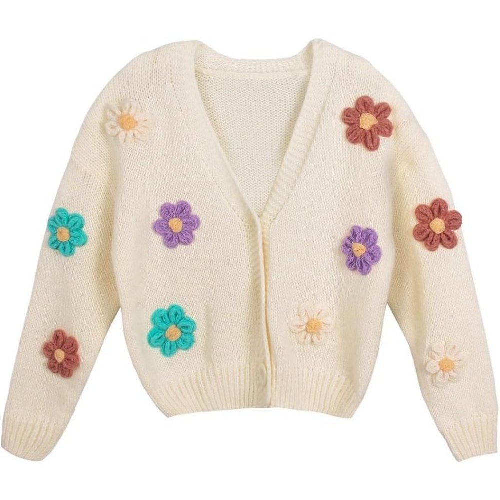 Women's Strawberry Print Button Down Long Sleeve V Neck Crop Cardigan Sweater